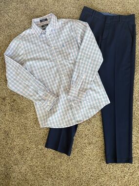 Izod Navy Flat-Front Boys Pants and Button down dress shirt. Size 14/16.